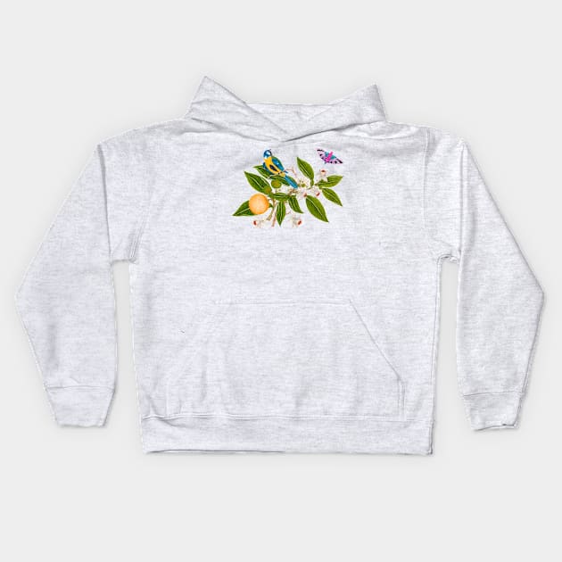 Bird, Butterfly, and Orange Bloom - Nature Illustration Kids Hoodie by Biophilia